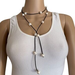 White Pearl Black Black Leather Handmade Wrap Lariat Layered Necklace NEW